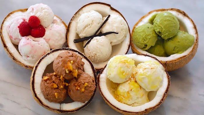 Vaniljglasssorbet utan glassmaskin hur man gör en sorbet äter hälsosam chokladglass med jordgubbar olika smaker glass i en skål med kokos