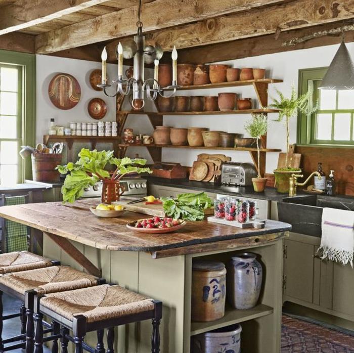 cool nápad, ako vyzdobiť modernú vidiecku kuchyňu dekor country šik zelené rastliny luster železo