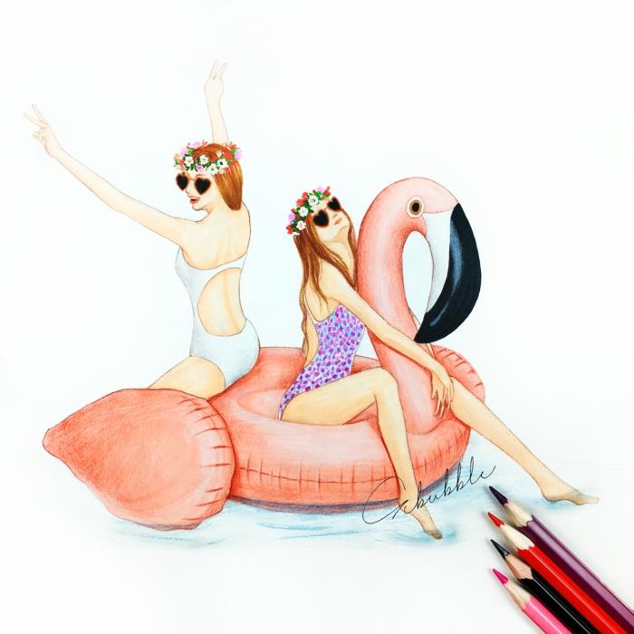 Rita för sin bästa flickvän idé ritning uppblåsbar flamingopool