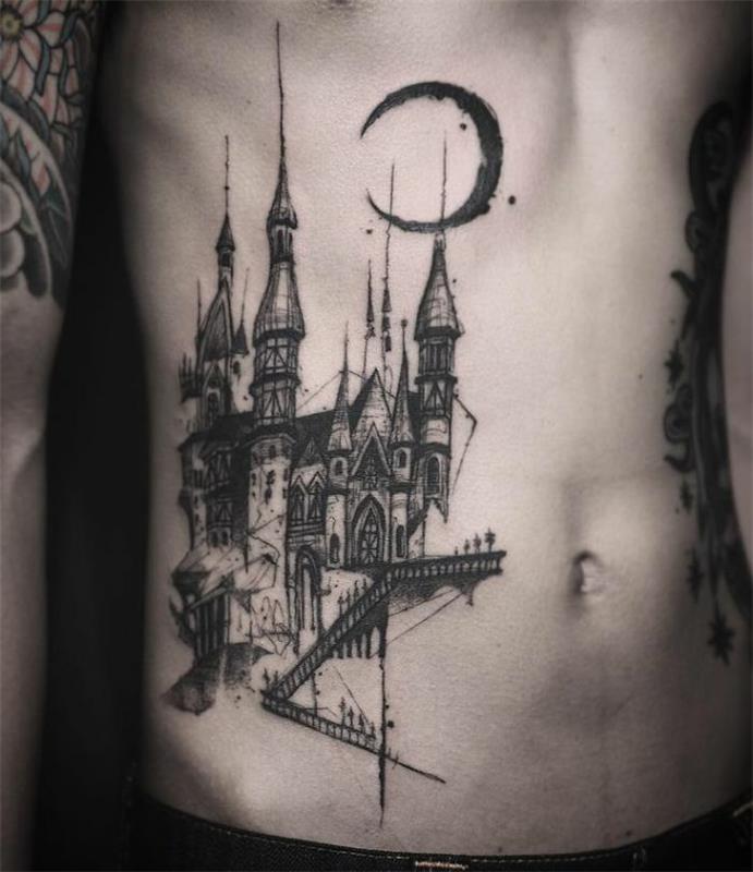 Spoločné tetovanie, tetovanie na predlaktie spoločné tetovanie pre pár, hrad a mesiac, krásny nápad na architektonické tetovanie