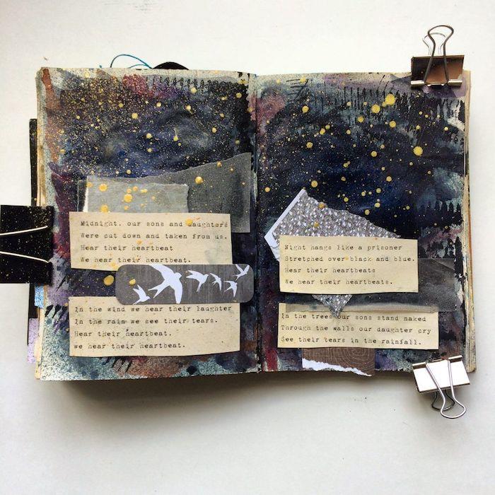 Original idé kreativ fritid, scrapbooking album, göra en klippbok anteckningsbok foton och citat baserade på en konstmålning, collage för att skapa
