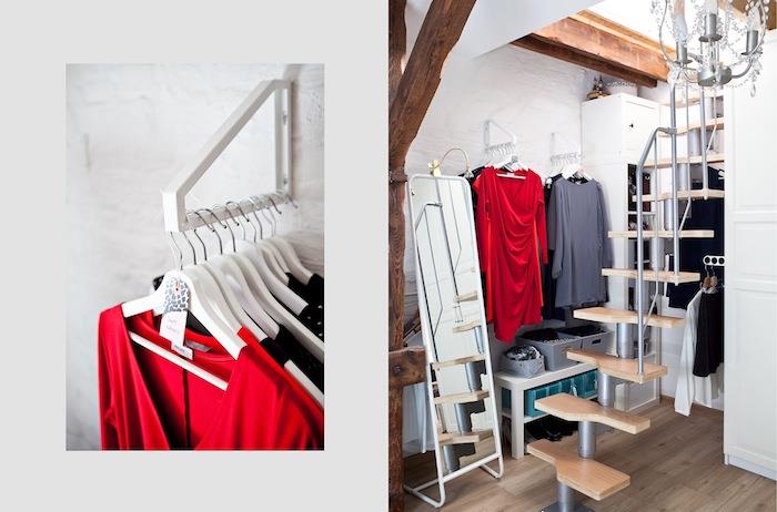 Modulärt omklädningsrum för vuxna sovrum enkel dekoration, röd klänning med lång ärm och grå randhylsa