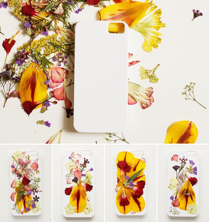 original manuell aktivitet för vuxna med torkade blommor för att dekorera sin telefonväska på ett originellt sätt
