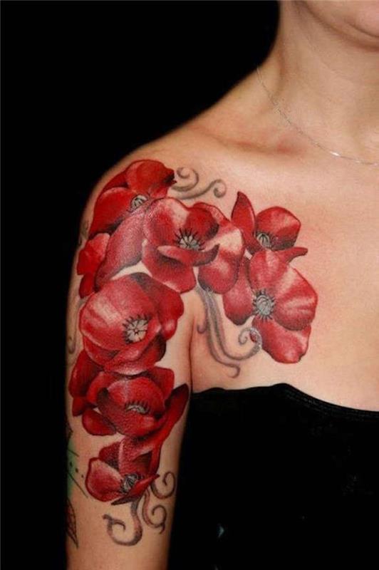 Blomma axeltatuering för kvinnor, röd vallmo tatuering idé
