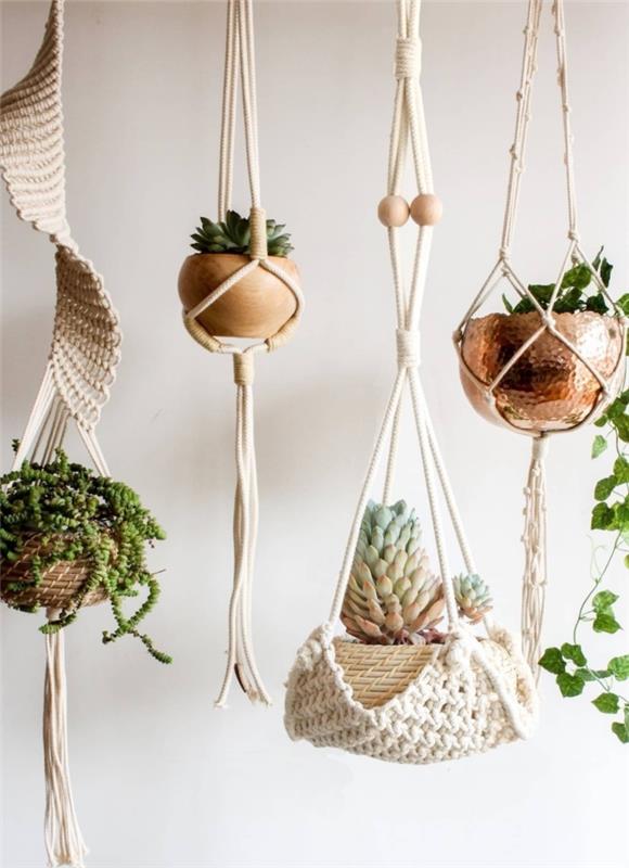 macrame hängsmodeller för att göra dig själv med bomullsrep och träpärlor, DIY kopparhänget