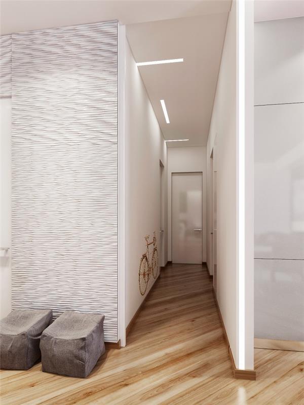corridoio-moderno-stretto-lungo-pareti-bianche-decorata-sticker-bicicletta-pavimento-parkett