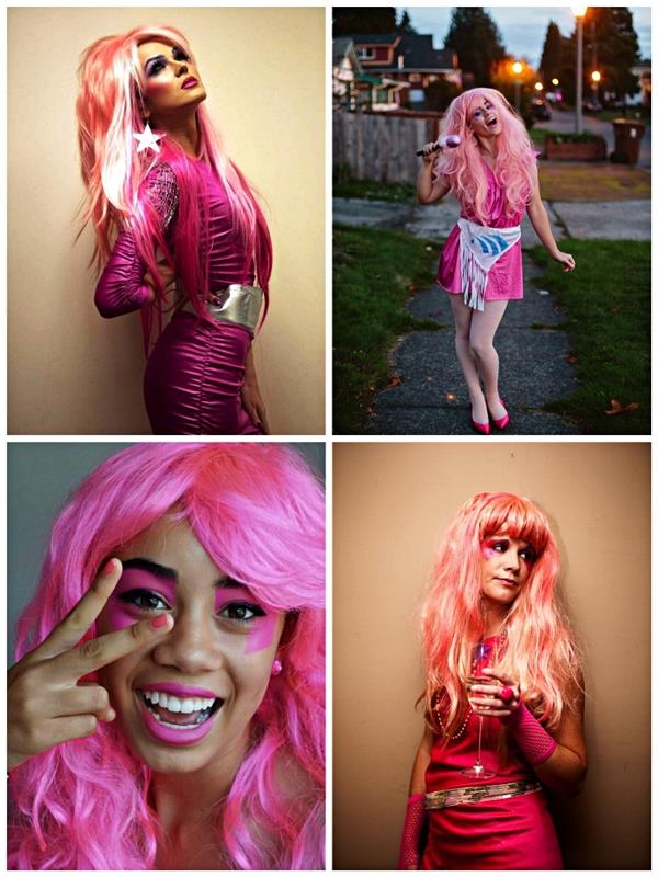 Dámsky rockový kostým 80. rokov, kostým jem a hologramy v neónových ružových šatách a ružovej parochni