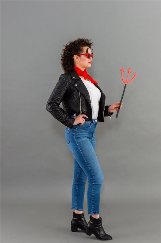 senaste vuxen halloween kostym, chic retro djävul kostym med röda rimmade solglasögon med papper djävul horn
