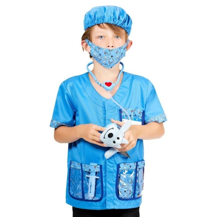 dräkt-barn-kiabi-i-blå-veterinär-med-liten-vovve-storlek