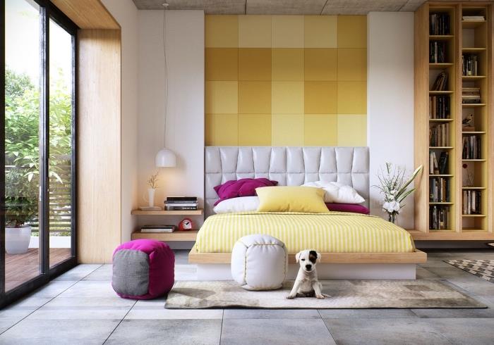 exempel på ett modernt sovrum med vita väggar och grått golv, väggpanelmodell i senapsgult