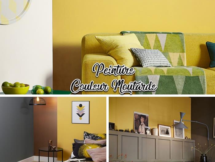 gult dekorationsföremål, trendigt vardagsrum eller sovrums väggfärg 2019, gul och vit tvåfärgad väggfärg