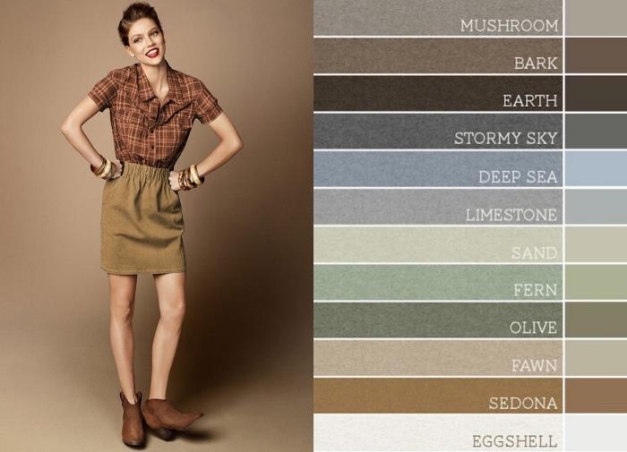 لوحة الألوان ، مزيج من الملابس ذات الظلال الترابية ، تبدو المرأة في فستان قصير كاكي مع قميص وحذاء بني
