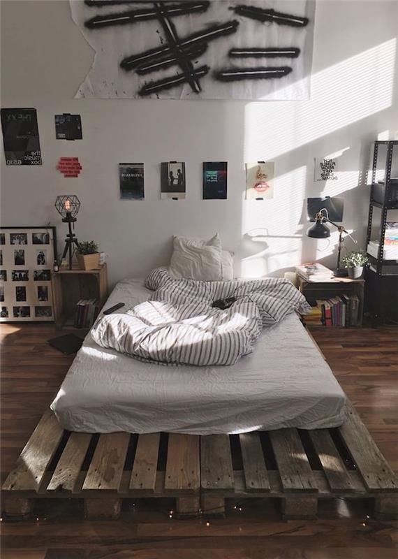 أفكار ديكور غرفة نوم الصبي ، أثاث البليت DIY ، لوحة صور الإطار الأسود ، الأرضيات الخشبية الداكنة