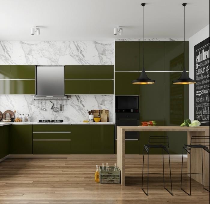 فكرة تكميلية باللون الأخضر في مطبخ حديث وأنيق مع أرضيات خشبية مع رشاش من الرخام