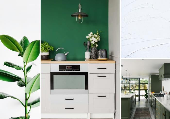 ما لون المطبخ وتصميم المطبخ بجدران خضراء مع أثاث خشبي بمقابض سوداء