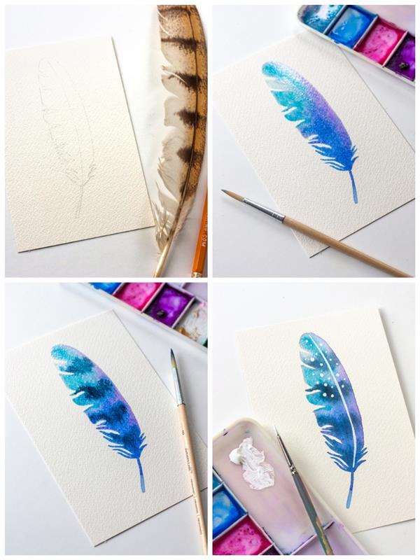 vacker galaxfärgad fjäder i blå-lila prickad med vit, akvarellhandledning för att lära sig grundläggande färgtekniker