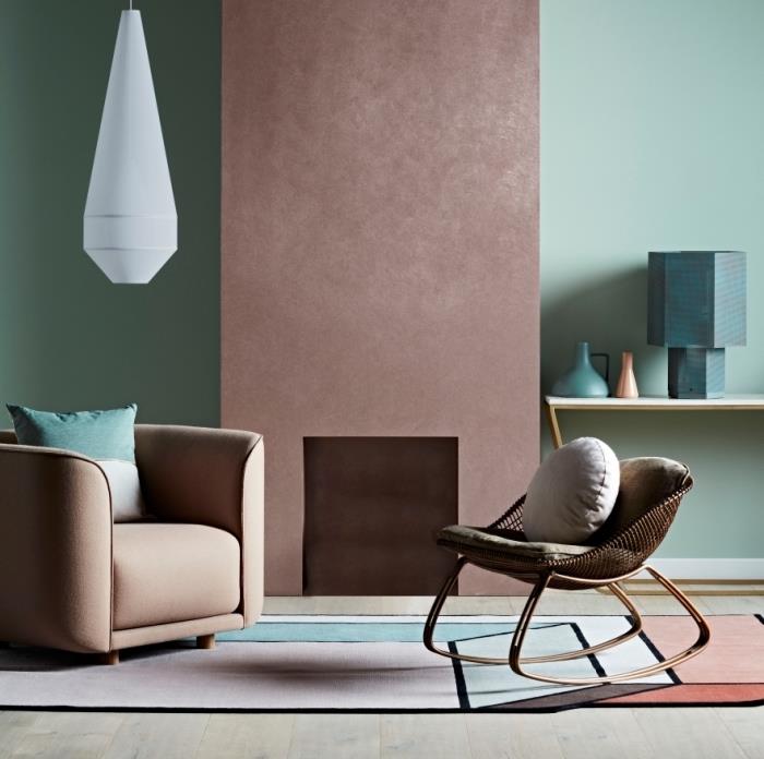 moderná trendová myšlienka pokrývania stien do obývačky v pastelových a zemitých farbách, efektná piesková farba na stenu
