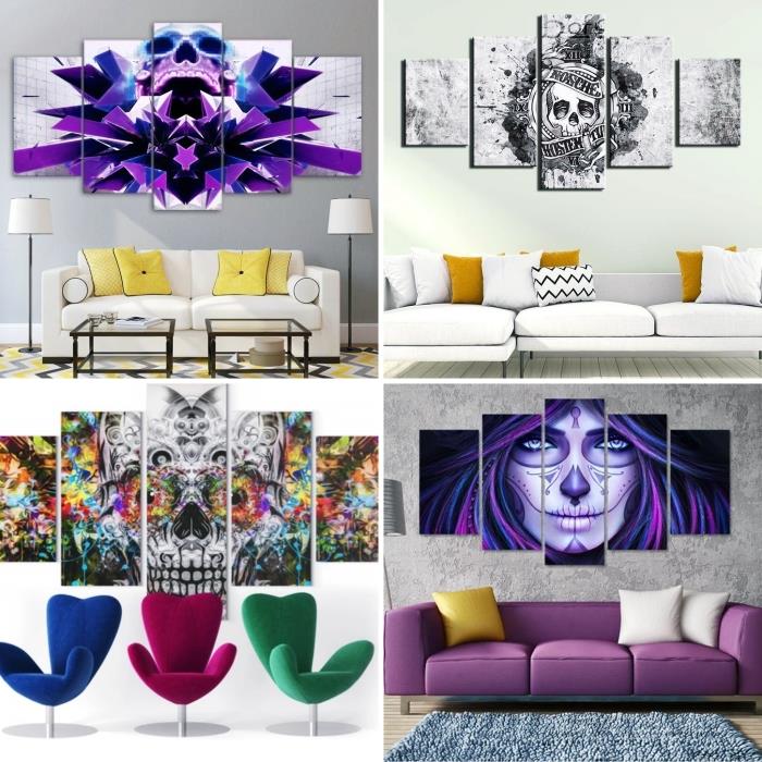 trendy farby interiérový nábytok sedačka biely stôl lebka stena lebka umenie dekor