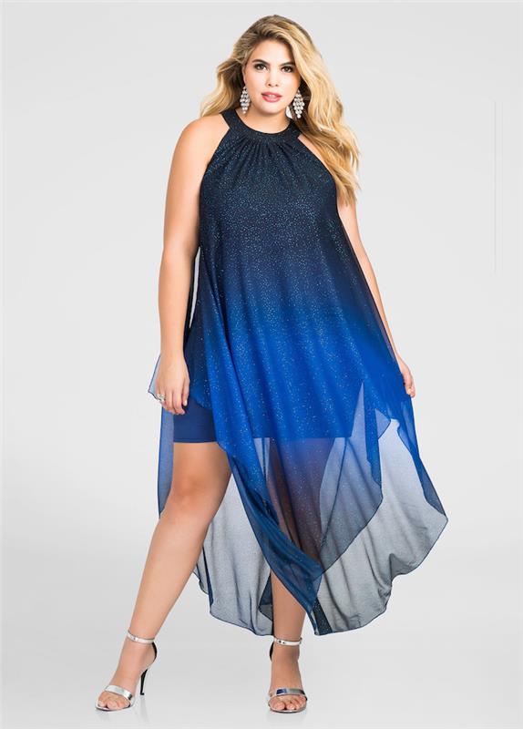nápad na šaty pre okrúhlu hviezdnu oblohu, modelové šaty s transparentnou vrchnou vrstvou posiatej modrým ombré