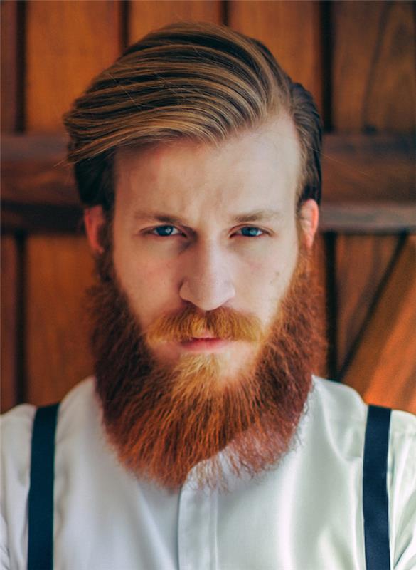 hipster man trimmar skägg trim rött skägg vintage stil