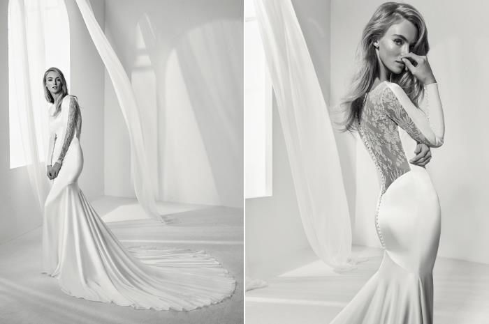 قالب فستان الزفاف الأبيض مع ذيل طويل وظهر الوهم الزهور المنقوشة الوشم تأثير الدانتيل ، فستان الزفاف حورية البحر