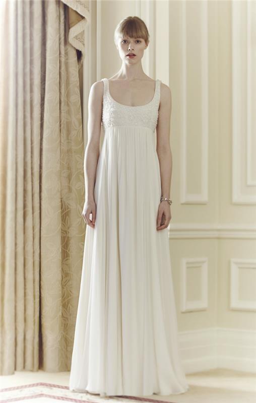 elegantné a tekuté svadobné šaty v empírovom štýle s ramienkami, svadobné šaty s čistými líniami