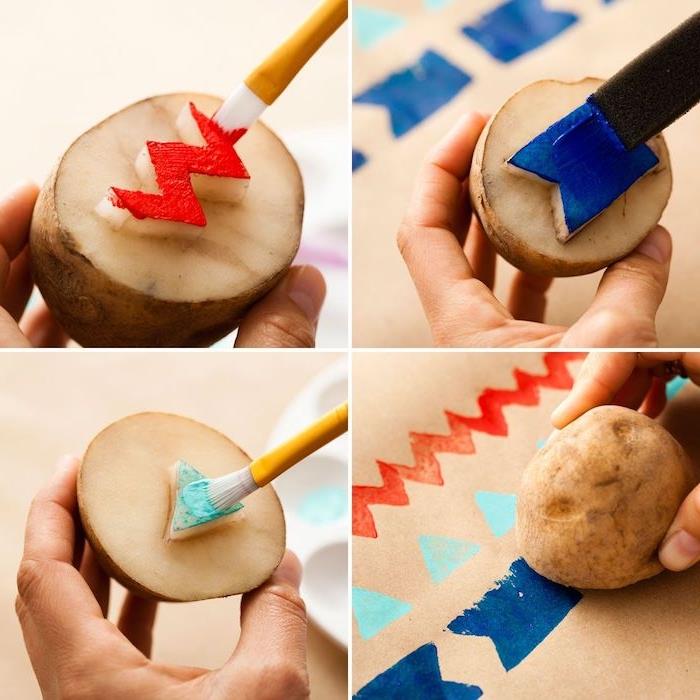 klipp geometriska mönster i potatis för att göra barnens teckningsmålning dagis enkla och kreativa DIY -idéer