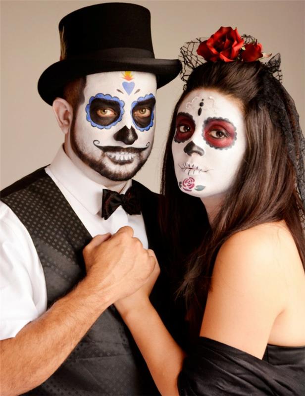 mexický halloween make -up, cylindrický klobúk, čierne a modré kruhy, fúzy a zuby, žena so sieťovinou