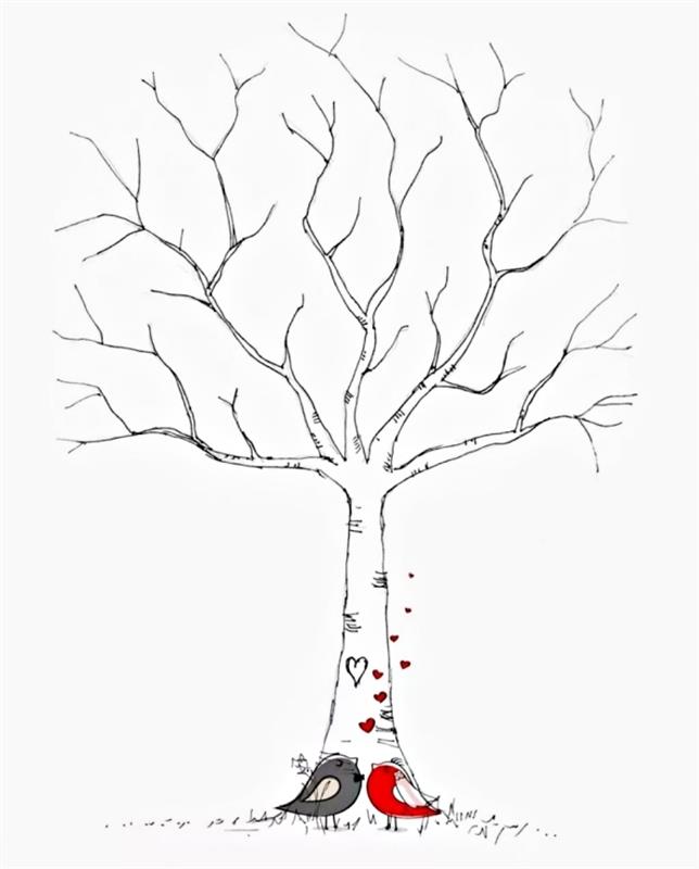 طيور رمادية وحمراء واقعة في الحب أمام شجرة بلا أوراق ، رسم سهل لمشروع إبداعي تحت عنوان الزفاف