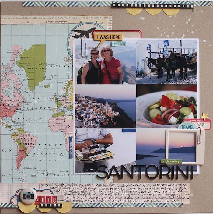 Karta över världen och ett collage av foton från Santorini semester, göra massor av foton, fotografering scrapbooking material, göra en resedagbok
