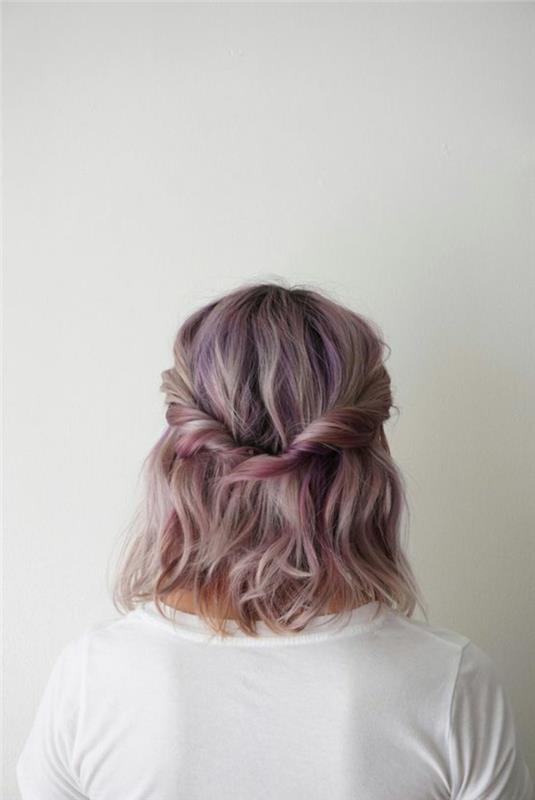 jednoduchý a rýchly účes, predné pramene skrútené a zmenené na korunu vlasov, purpurové, ružové sfarbenie