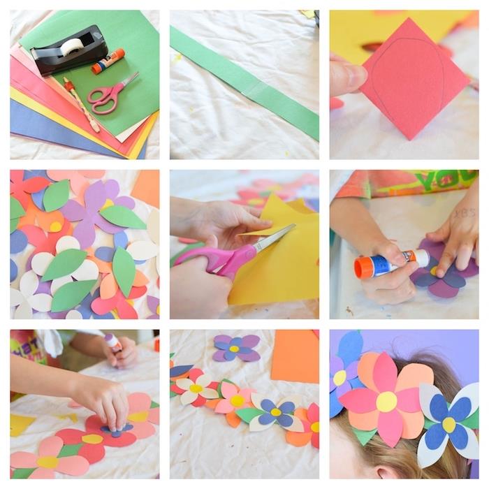 ako vyrobiť veniec z farebných papierových kvetov v pásoch a lístkoch z farebného papiera, remeslá v materskej škole