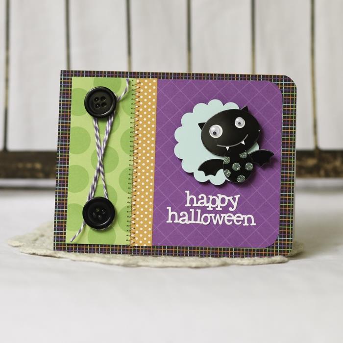 lätt halloween skapelse diy mångfärgade papperskortmönster svart knappade brickor tråd lite fladdermus svart papper