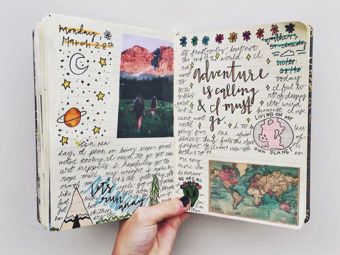 Dagbok för omvandling, dagbok och fotoalbum, hur man gör en resedagbok, beskriver dina äventyr och dekorerar med teckningar och foton