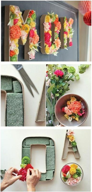 Idee per dei regali fai da te، lettere di cartone decorate con dei fiori، forbici e strumenti per la realizzazione