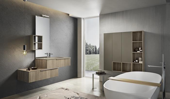 kúpeľňa s antracitovo sivými stenami, betónovou povrchovou úpravou a béžovou dlažbou