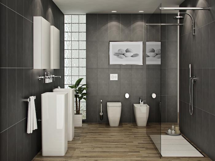 antracitovo sivé obklady do kúpeľne, béžové parketové podlahy do kúpeľne, dizajnový kúpeľňový nábytok s talianskou sprchou