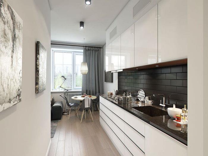 kök vägg kakel, vita köksskåp med svart tegel kök backsplash