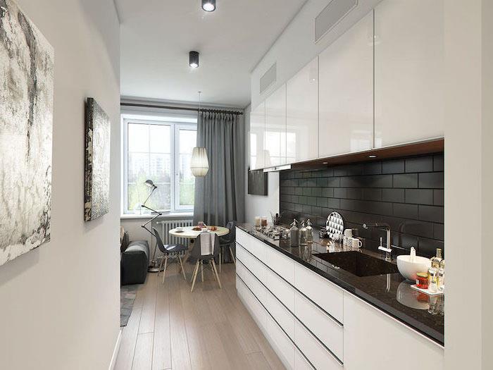 kök vägg kakel, vita köksskåp med svart tegel kök backsplash
