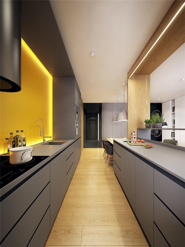 paralelné usporiadanie kuchyne, aké farby kombinovať v modernej kuchyni, príklad sivej a žltej kuchyne