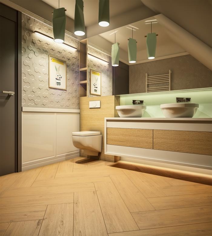 designa ett litet modernt badrum med ljusgrå och vita väggar med möbeltryck och trägolv