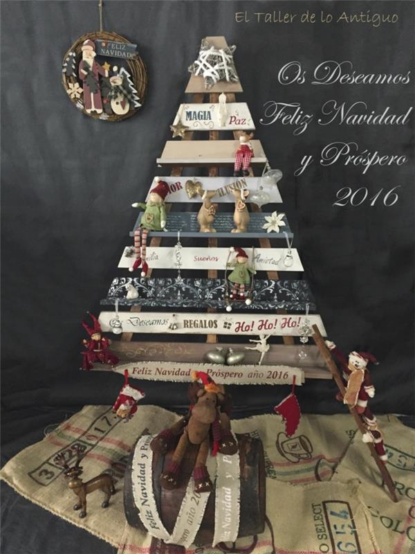 trojuholníkový strom, niekoľko zdobených a maľovaných dosiek, pytlovina, jeleň Rudolf, Santa Claus a malý rebrík, bábiky