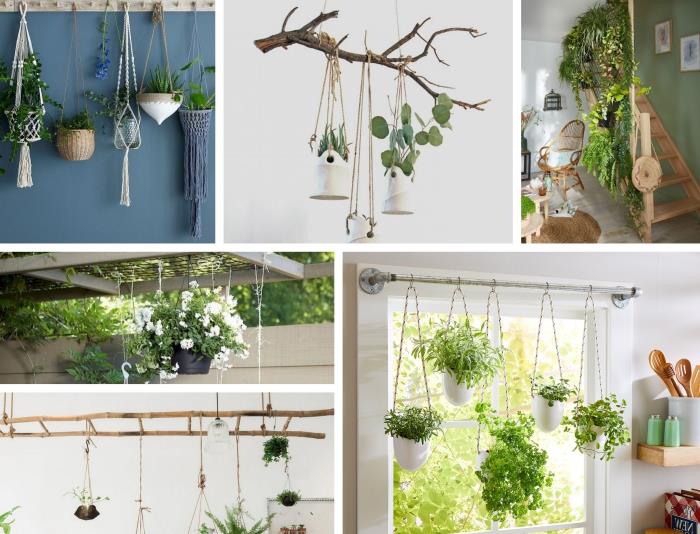 exempel på makramupphängning för växthängande på drivvedgren, väggdekoration med hängande växter