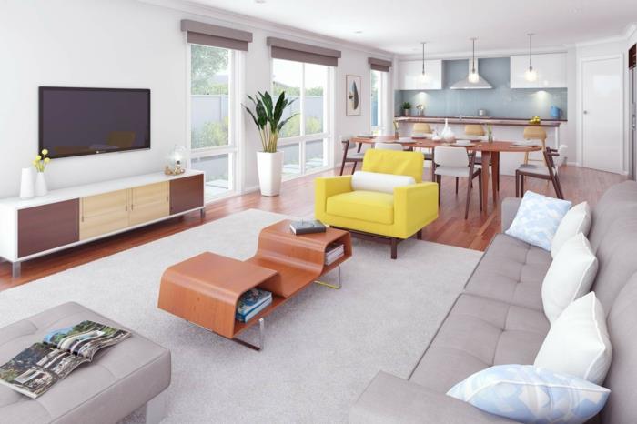 möblera ett litet vitt kök med bruna träbänkskivor, blått kaklat stänk, brun parkett, vardagsrum med grå matta och soffa, gul fåtölj, designersoffa, TV -skåp i trä