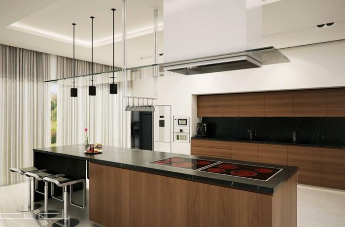vitt och träkök, modern design, minimalistisk köksutrustning, svarta ytor