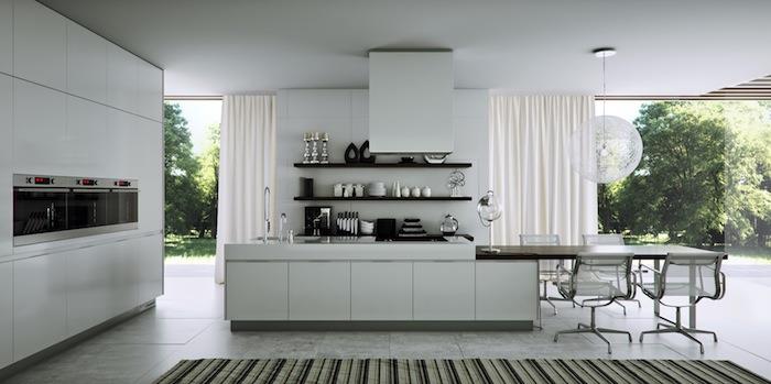 vitt och grått kök, med köksmöbler och vit centralö, grått klinkergolv, öppna hyllor, vit bollhänglampa