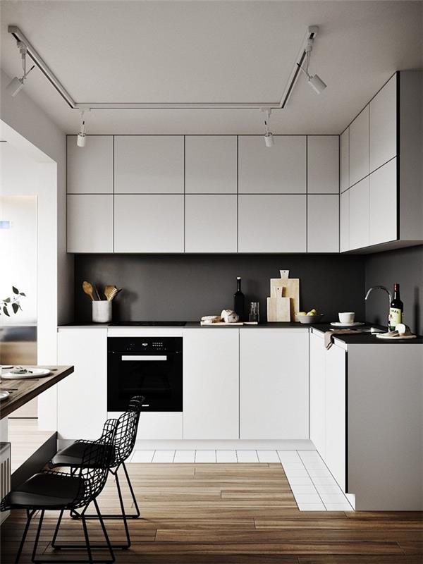 luxusná výzdoba interiéru kuchyne otvorená dispozícia kuchyne malá biela a čierna kuchynská podložka antracitová sivá splashback