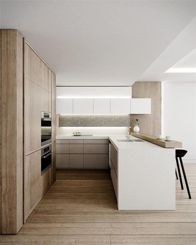 Kuchyňa v tvare U s ostrovnou otvorenou kuchyňou dláždená podlaha vzhľad bieleho podsvieteného LED osvetlenia