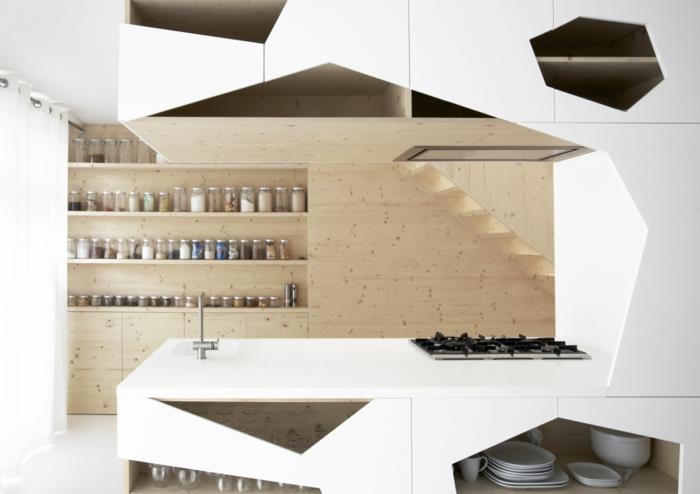 futuristisk design trä och vitt kök, öppna trähyllor