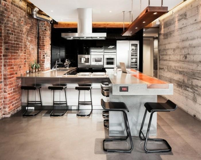 priemyselná kuchyňa v čierno-bielom-ultramodernom-kuchynskom modeli-tehlová stena-betón-podlahový vosk